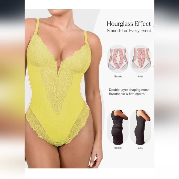 Popilush Yellow Lace V Neck Corset Shapewear Tummy Control Bodysuit Size XXL - Picture 4 of 11